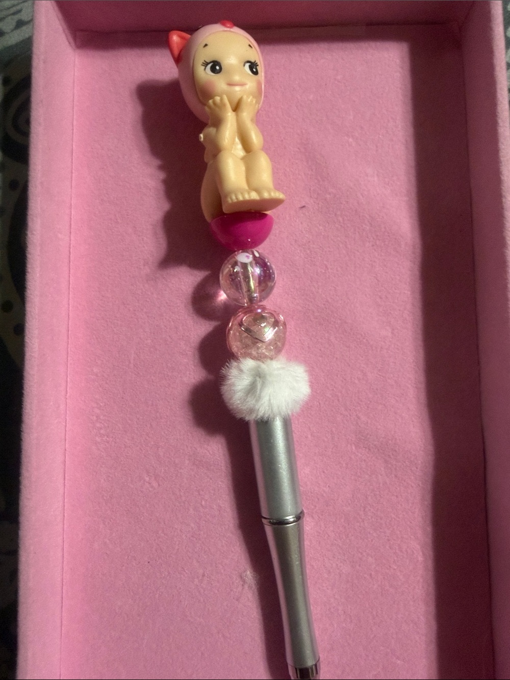 Silver beaded pen with Sonny Angel topper.